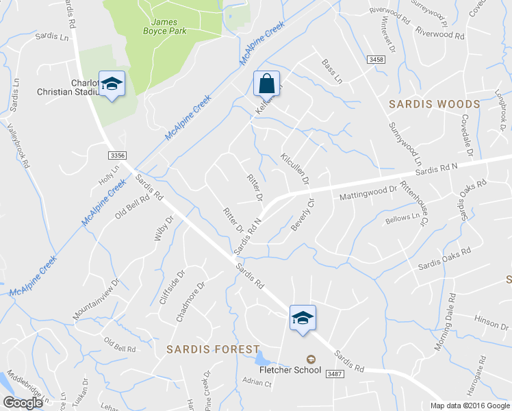 map of restaurants, bars, coffee shops, grocery stores, and more near 7209 Ritter Drive in Charlotte