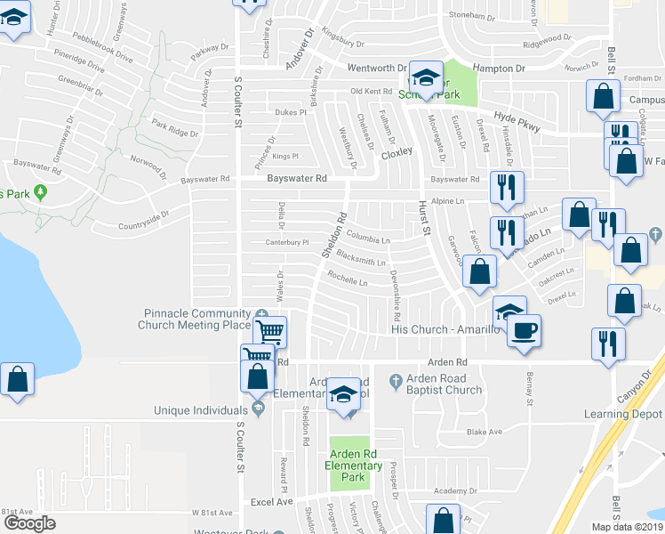 map of restaurants, bars, coffee shops, grocery stores, and more near 7000 Rochelle Lane in Amarillo
