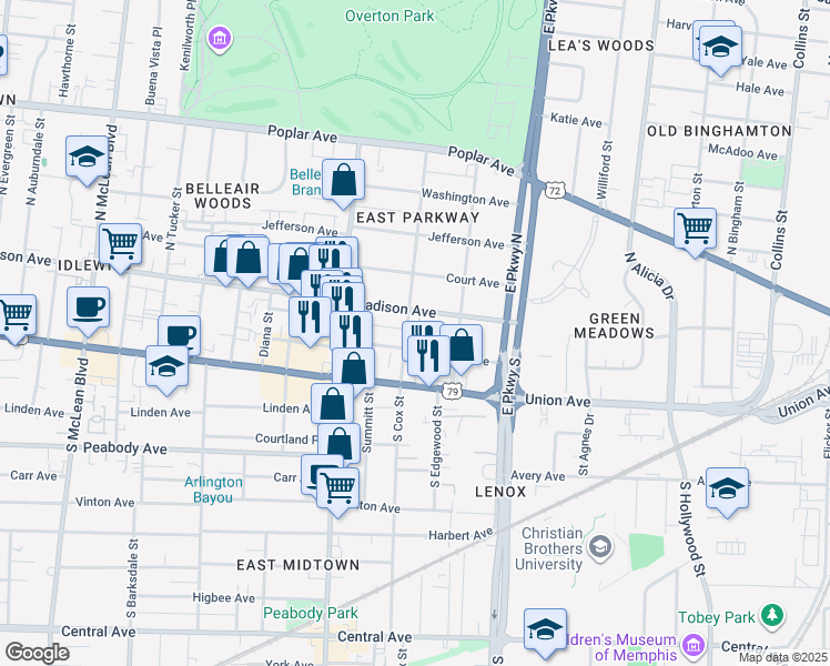 map of restaurants, bars, coffee shops, grocery stores, and more near 11 South Cox Street in Memphis