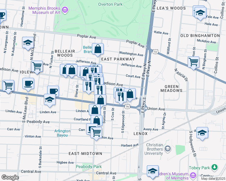 map of restaurants, bars, coffee shops, grocery stores, and more near 11 South Cox Street in Memphis