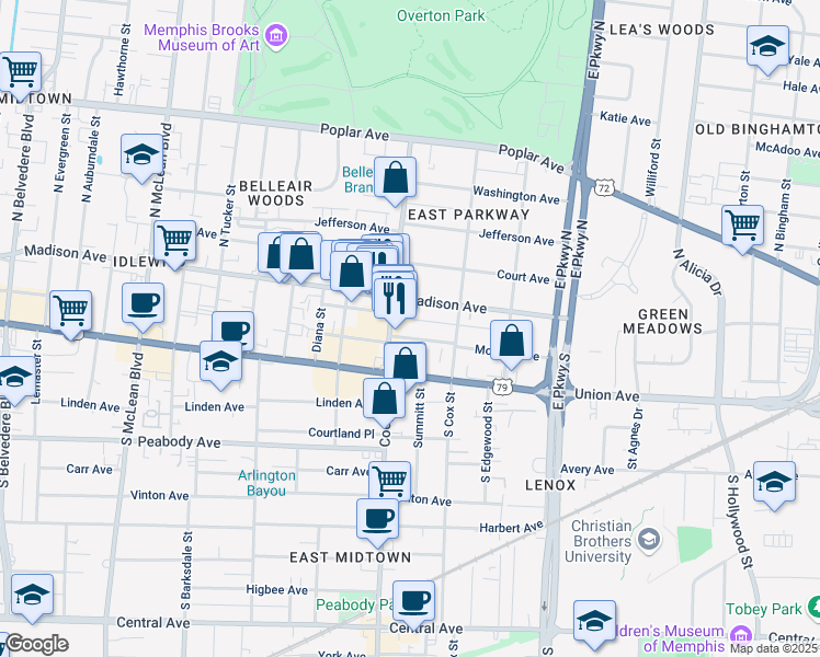 map of restaurants, bars, coffee shops, grocery stores, and more near 2157 Madison Avenue in Memphis
