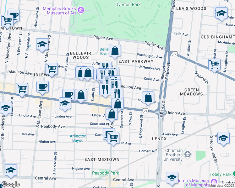 map of restaurants, bars, coffee shops, grocery stores, and more near 2157 Madison Avenue in Memphis