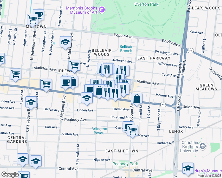 map of restaurants, bars, coffee shops, grocery stores, and more near 30 South Morrison Street in Memphis