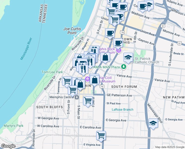 map of restaurants, bars, coffee shops, grocery stores, and more near 372 Mulberry Street in Memphis