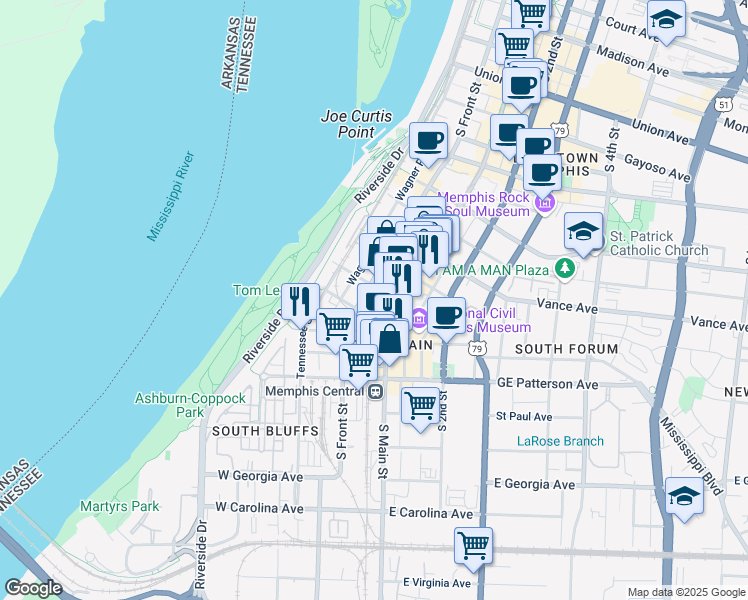 map of restaurants, bars, coffee shops, grocery stores, and more near 411 South Front Street in Memphis