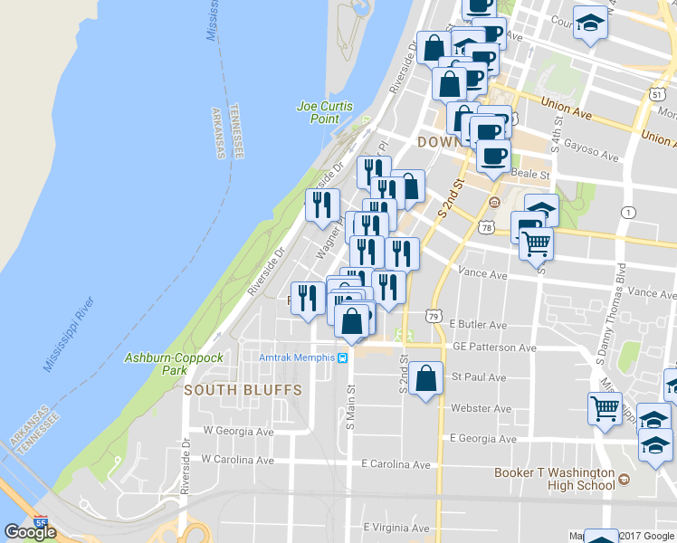 map of restaurants, bars, coffee shops, grocery stores, and more near 411 South Front Street in Memphis