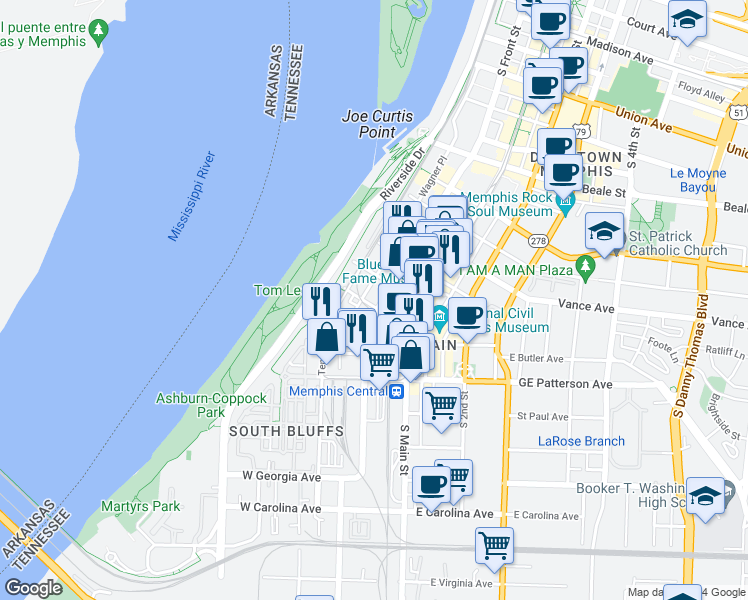 map of restaurants, bars, coffee shops, grocery stores, and more near 411 South Front Street in Memphis