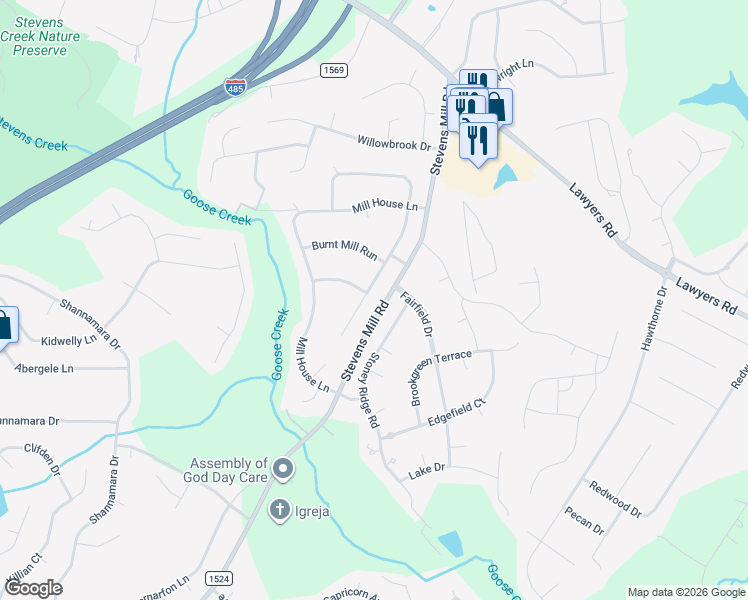 map of restaurants, bars, coffee shops, grocery stores, and more near 8102 Hunley Ridge Road in Matthews