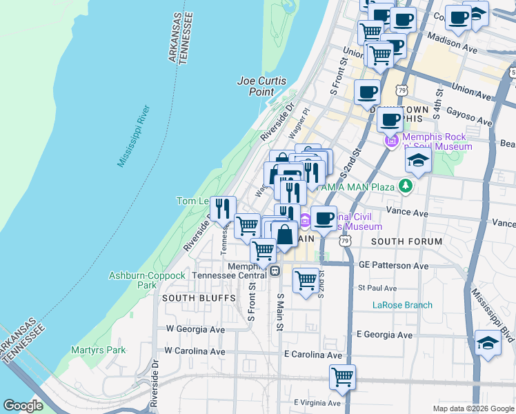 map of restaurants, bars, coffee shops, grocery stores, and more near 411 South Front Street in Memphis