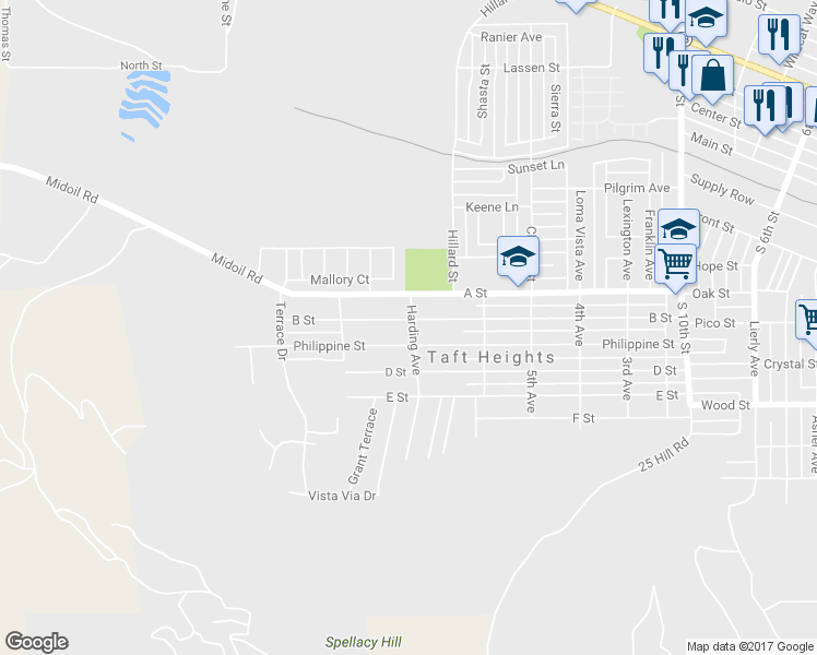 map of restaurants, bars, coffee shops, grocery stores, and more near 701 B Street in Taft
