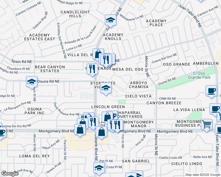 map of restaurants, bars, coffee shops, grocery stores, and more near 9900 Osuna Road Northeast in Albuquerque