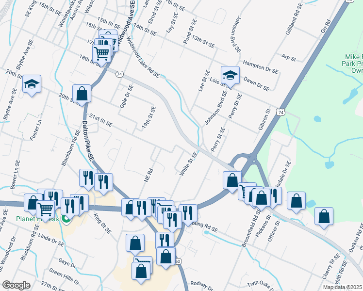 map of restaurants, bars, coffee shops, grocery stores, and more near 1540 Spring Place Road Southeast in Cleveland