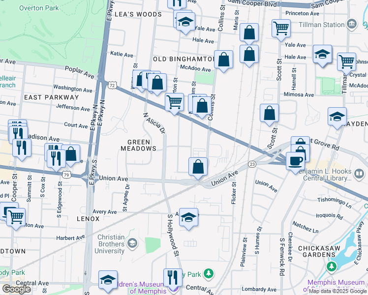 map of restaurants, bars, coffee shops, grocery stores, and more near 2569 Madison Avenue in Memphis