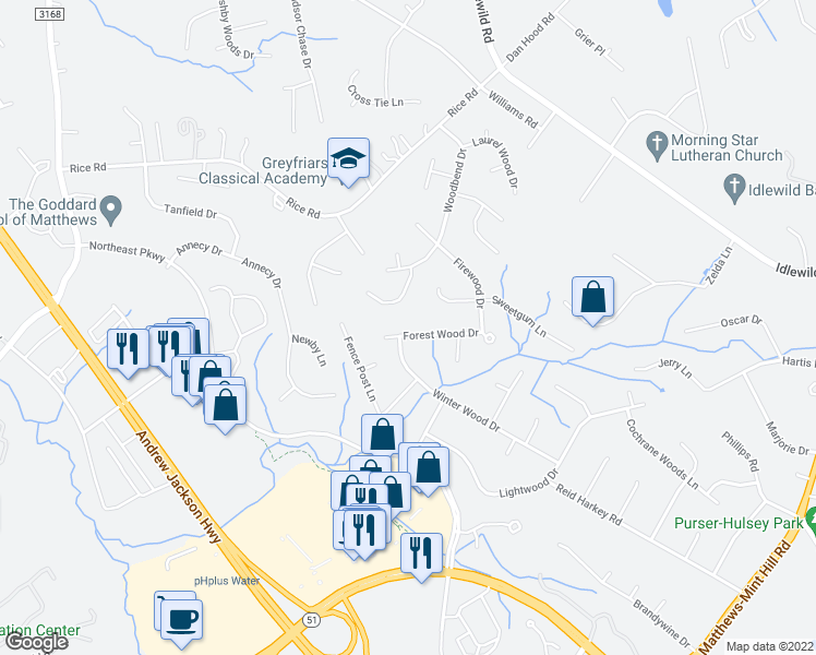 map of restaurants, bars, coffee shops, grocery stores, and more near 1207 Forest Wood Drive in Matthews