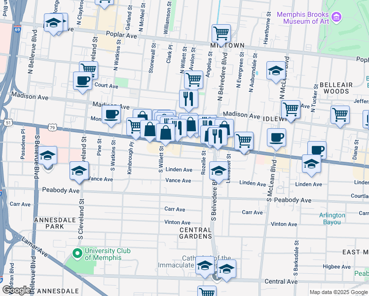 map of restaurants, bars, coffee shops, grocery stores, and more near 1624 Union Avenue in Memphis