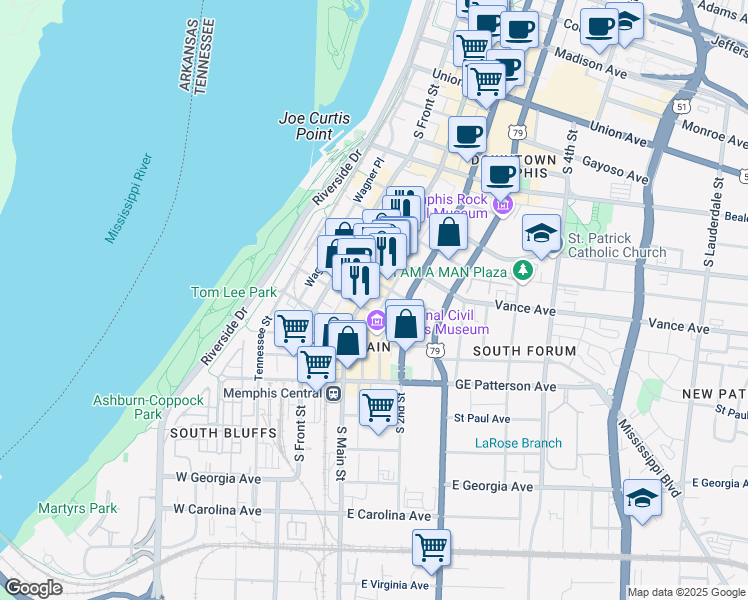 map of restaurants, bars, coffee shops, grocery stores, and more near 372 Mulberry Street in Memphis