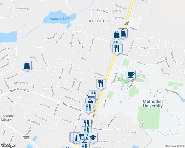 map of restaurants, bars, coffee shops, grocery stores, and more near 204 Villa Drive in Fayetteville