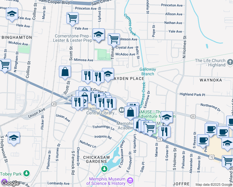 map of restaurants, bars, coffee shops, grocery stores, and more near 3030 Walnut Grove Road in Memphis