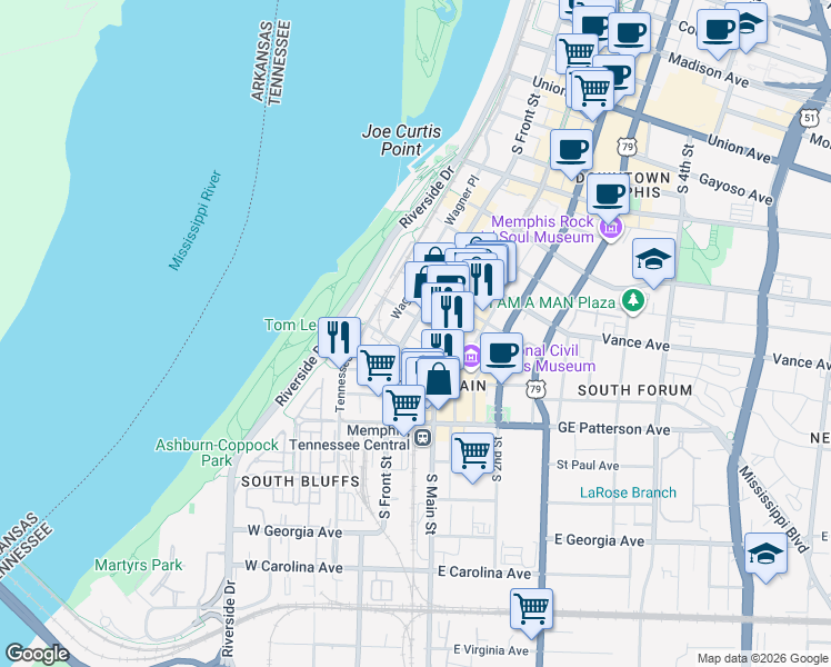 map of restaurants, bars, coffee shops, grocery stores, and more near 411 South Front Street in Memphis