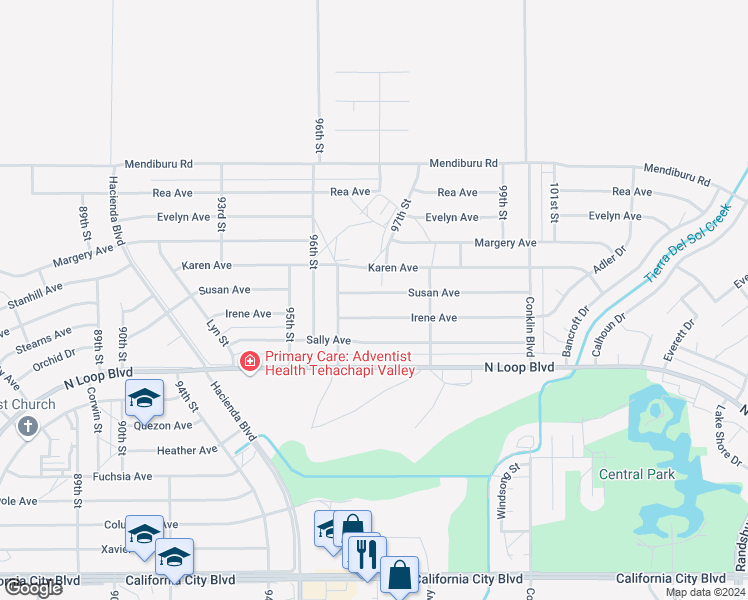 map of restaurants, bars, coffee shops, grocery stores, and more near 9640 Susan Avenue in California City