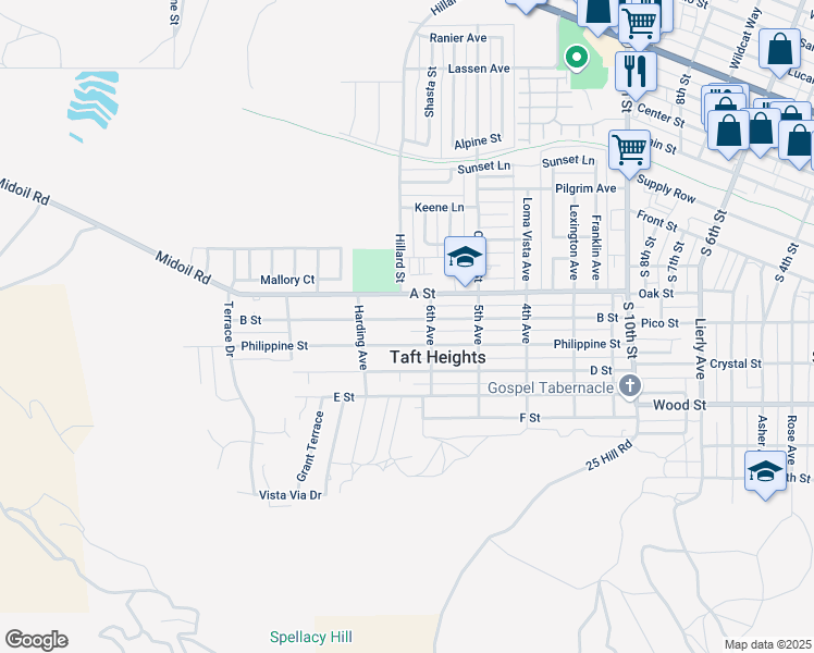 map of restaurants, bars, coffee shops, grocery stores, and more near 606 B Street in Taft