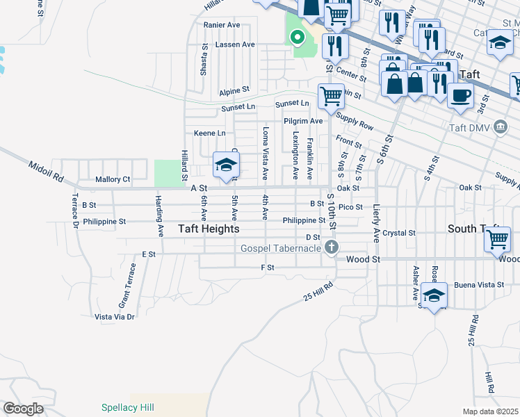 map of restaurants, bars, coffee shops, grocery stores, and more near 334 B Street in Taft