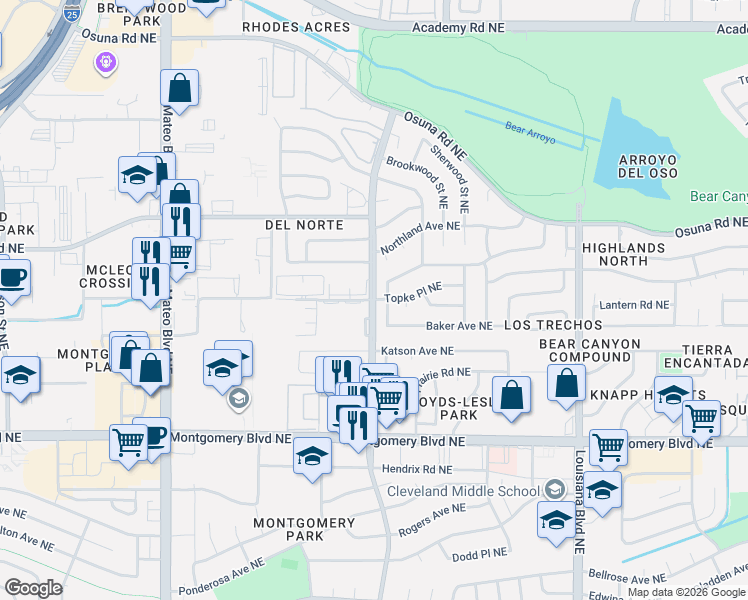 map of restaurants, bars, coffee shops, grocery stores, and more near San Pedro Dr NE & Topke Pl NE in Albuquerque