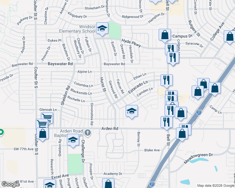 map of restaurants, bars, coffee shops, grocery stores, and more near 6610 Falcon Road in Amarillo