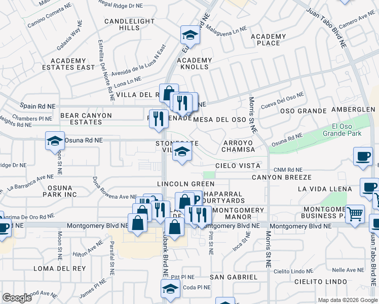 map of restaurants, bars, coffee shops, grocery stores, and more near 9900 Osuna Road Northeast in Albuquerque