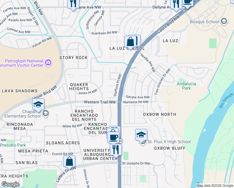 map of restaurants, bars, coffee shops, grocery stores, and more near 5505 Payson Court Northwest in Albuquerque