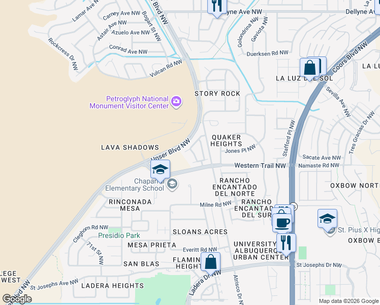 map of restaurants, bars, coffee shops, grocery stores, and more near 6232 Zaltana Road Northwest in Albuquerque