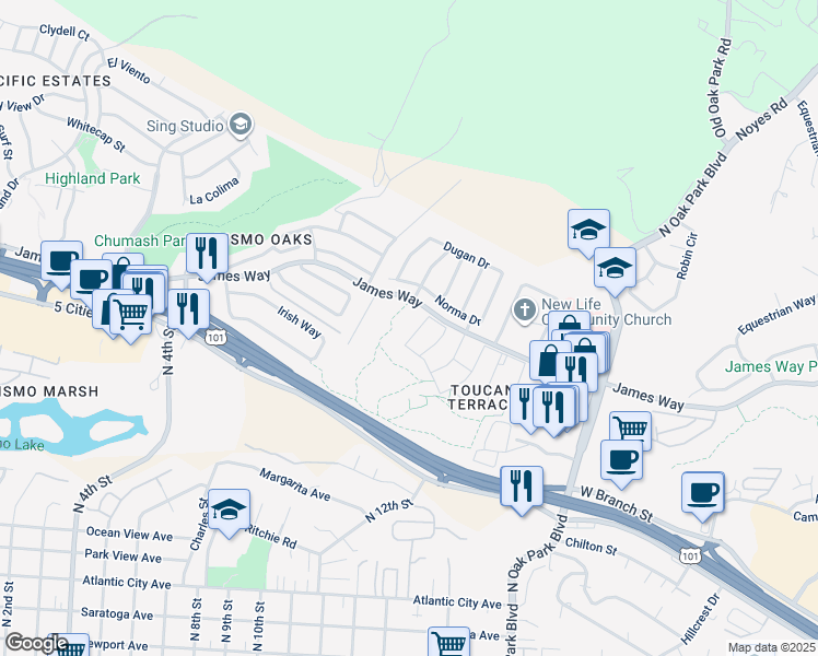 map of restaurants, bars, coffee shops, grocery stores, and more near 106 Erna Way in Pismo Beach