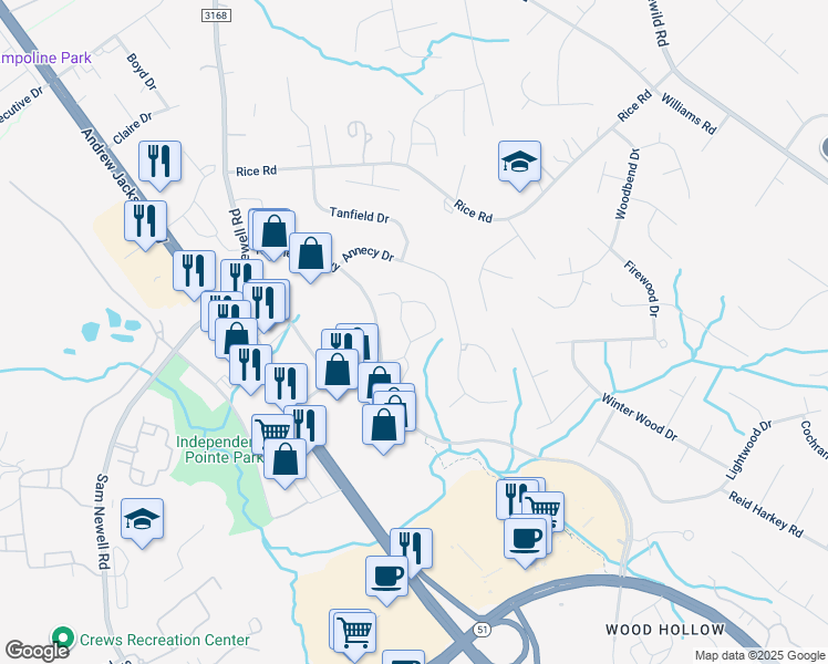 map of restaurants, bars, coffee shops, grocery stores, and more near 1904 Windsor Hill Drive in Matthews