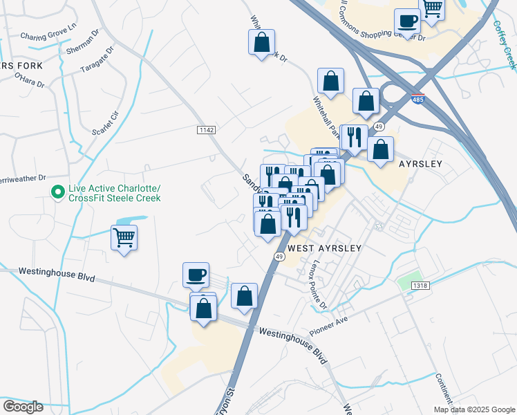map of restaurants, bars, coffee shops, grocery stores, and more near 2415 Sandy Porter Road in Charlotte