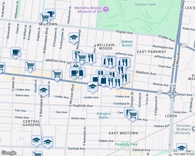 map of restaurants, bars, coffee shops, grocery stores, and more near 34 South Rembert Street in Memphis