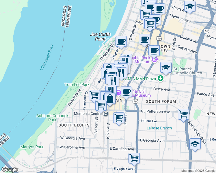 map of restaurants, bars, coffee shops, grocery stores, and more near 387 South Main Street in Memphis