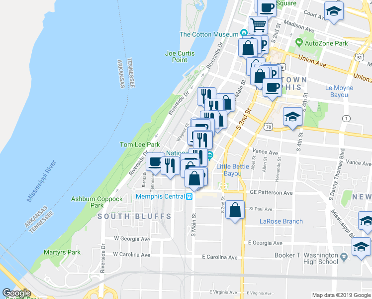 map of restaurants, bars, coffee shops, grocery stores, and more near 411 South Front Street in Memphis