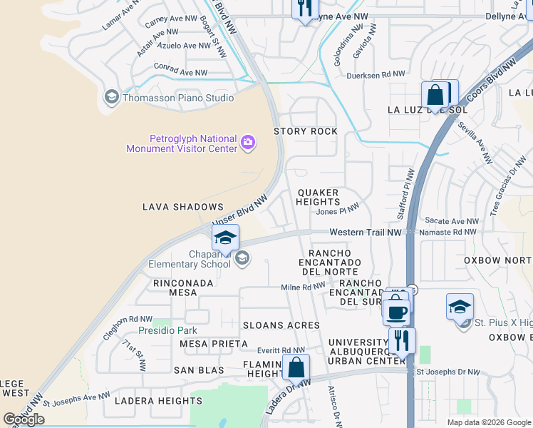 map of restaurants, bars, coffee shops, grocery stores, and more near 6232 Zaltana Road Northwest in Albuquerque