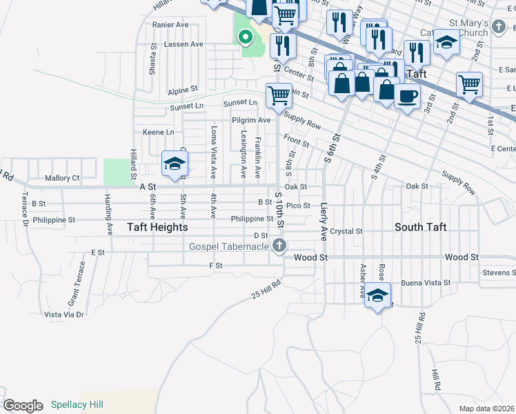 map of restaurants, bars, coffee shops, grocery stores, and more near 203 B Street in Taft