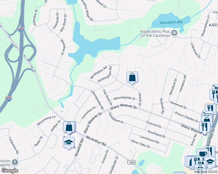 map of restaurants, bars, coffee shops, grocery stores, and more near 482 Waterbury Drive in Fayetteville