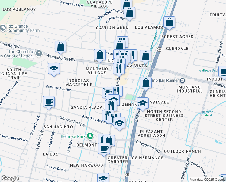 map of restaurants, bars, coffee shops, grocery stores, and more near 5301 4th Street Northwest in Albuquerque