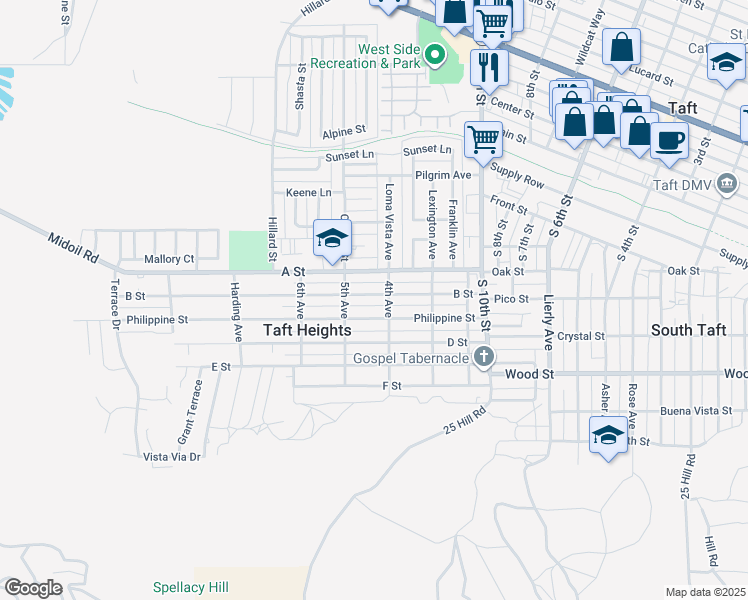 map of restaurants, bars, coffee shops, grocery stores, and more near 415 B Street in Taft