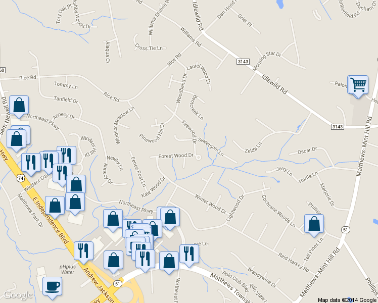 map of restaurants, bars, coffee shops, grocery stores, and more near 1309 Forest Wood Dr in Matthews