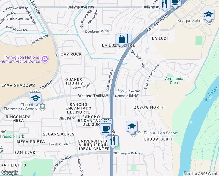 map of restaurants, bars, coffee shops, grocery stores, and more near 5505 Payson Court Northwest in Albuquerque