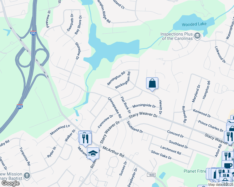 map of restaurants, bars, coffee shops, grocery stores, and more near 490 Waterbury Drive in Fayetteville