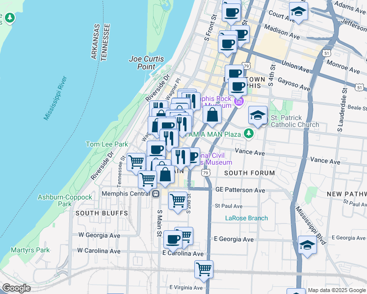 map of restaurants, bars, coffee shops, grocery stores, and more near 372 Mulberry Street in Memphis