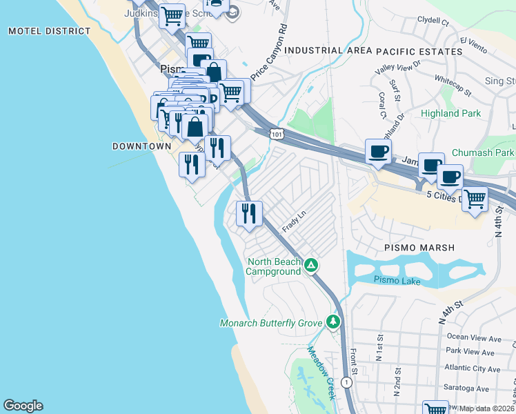 map of restaurants, bars, coffee shops, grocery stores, and more near 140 Dolliver Street in Pismo Beach