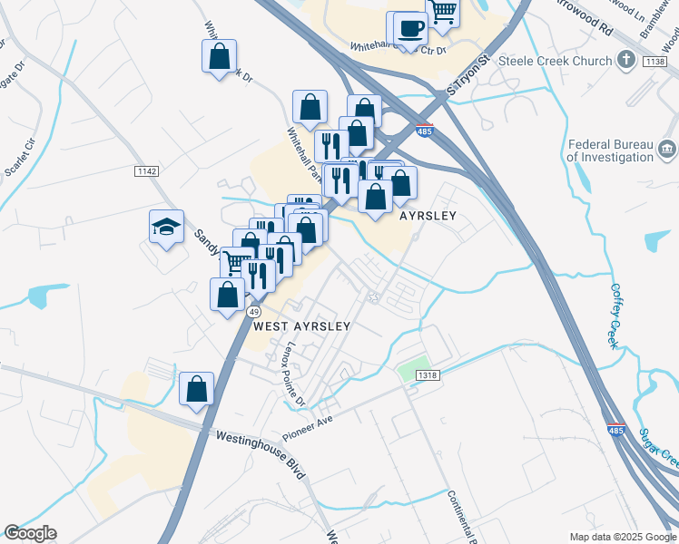 map of restaurants, bars, coffee shops, grocery stores, and more near 8711 Lenox Pointe Drive in Charlotte