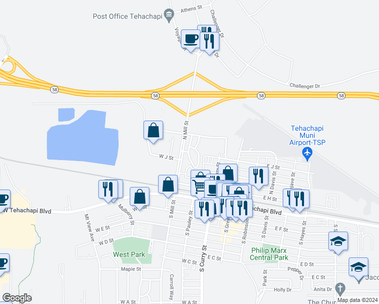 map of restaurants, bars, coffee shops, grocery stores, and more near 420 North Mill Street in Tehachapi