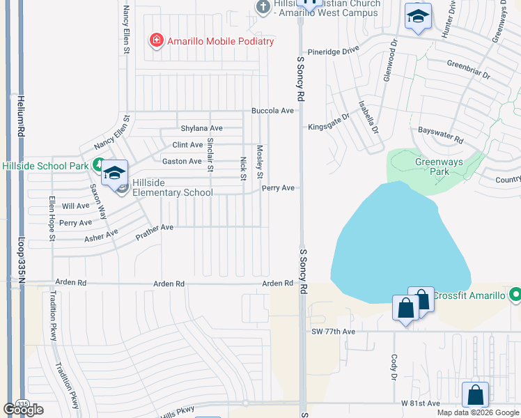 map of restaurants, bars, coffee shops, grocery stores, and more near 7118 Mosley Street in Amarillo